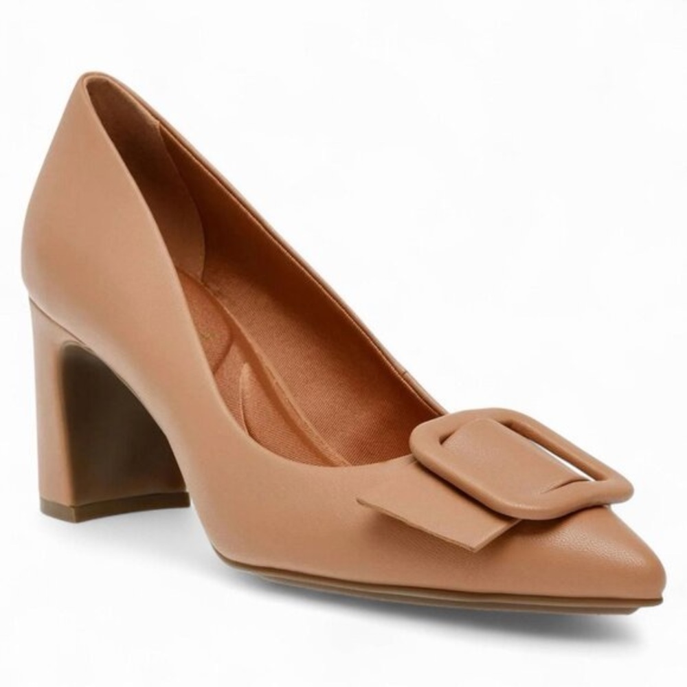 Anne Klein Tan Pointed Block Heel Pump with Buckle